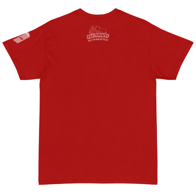 Red tech shirt back bulk dominoes style logo smaller stack em high let em fly