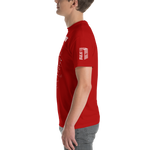 Bulk Dominoes Red tshirt side view with bulk dominoes domino logo and bulk large text