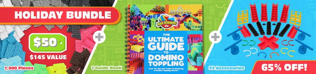 Holiday Bundle fifty dollars get 1000 pieces of 10 colors of 100pcs each kinetic dominoes 1 ultimate guide to domino toppling 1 mega accessory kit