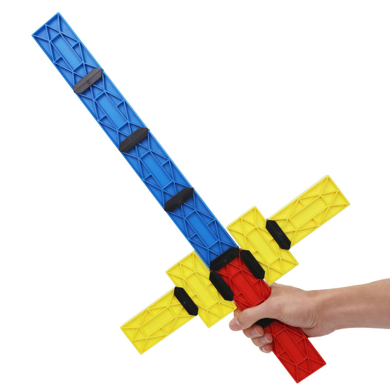 red handle with yellow guard and blue blade